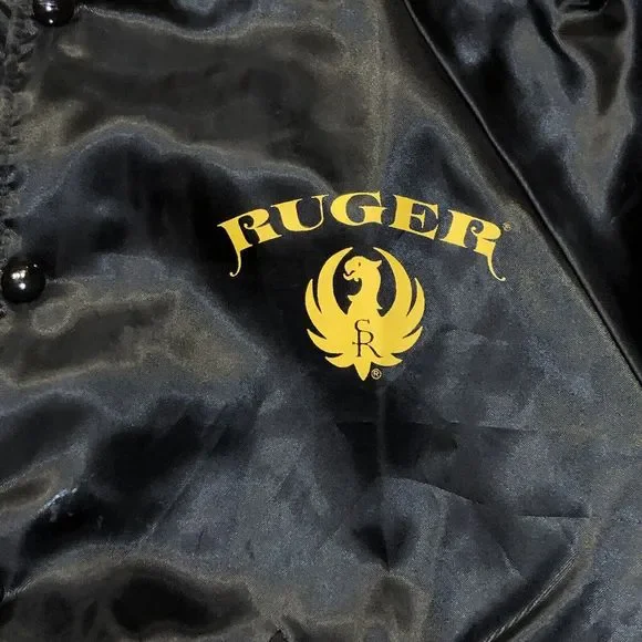 Vintage Ruger Guns Satin Bomber Jacket Mens Size Medium Pla-Jac Dunbrooke Black